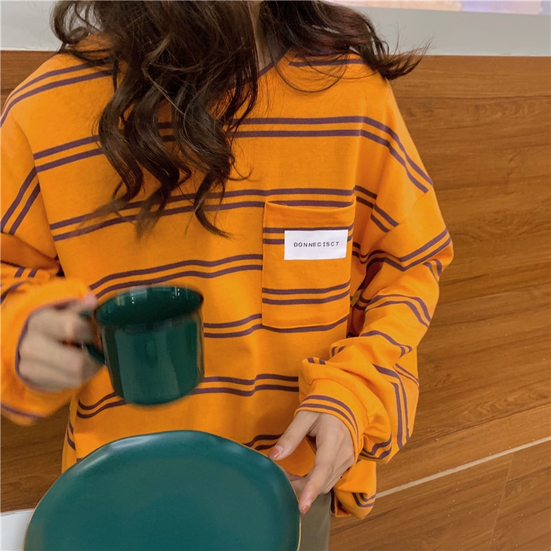 Áo sweatshirt IELGY họa tiết sọc dáng rộng tay dài thiết kế mỏng phong cách Hàn Quốc dành cho nữ