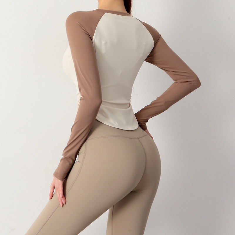 Áo tập yoga ANRAN tay dài dáng ôm màu sắc tương phản vải thoáng khí cho nữ