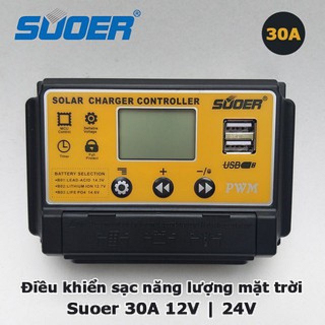 Điều khiển sạc năng lượng mặt trời 30A 12V 24V Suoer ST-S1230 thumbnail