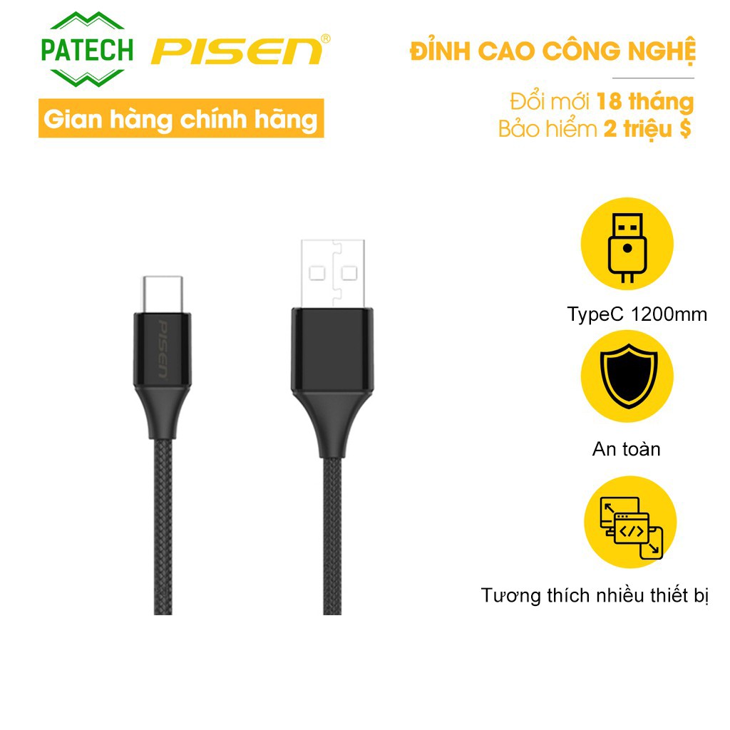 Cáp Pisen USB Type-C Braided 1.2m, giao màu ngẫu nhiên - Hàng chính hãng