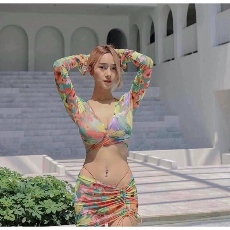 Bikini set 3 món tay dài hoa cột nơ phong cách sexy quyến rũ