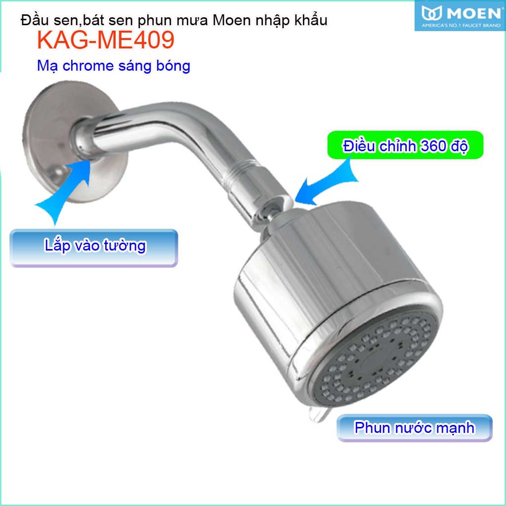 Đầu sen phun mưa Moen KAG-ME409, bộ đầu sen âm tường + cần inox tia nước mạnh thiết kế sang trọng thời trang tuyệt đẹp