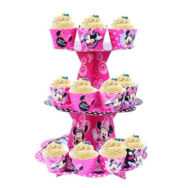 Tháp bánh 3 tầng , tem cắm + ly cupcake mẫu bé gái