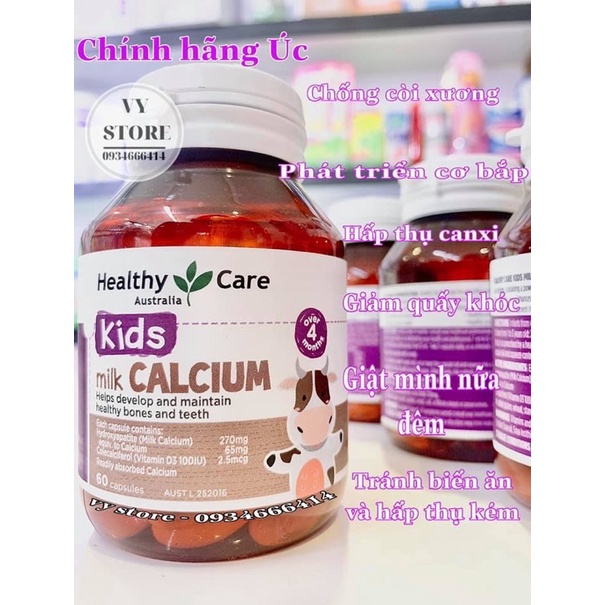Date 2024- Đủ bill- Viên uống canxi sữa cho bé - Milk Calcium Healthy care, lọ 60 viên(Mẫu mới