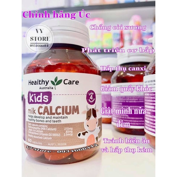 Date 2024- Đủ bill- Viên uống canxi sữa cho bé - Milk Calcium Healthy care, lọ 60 viên(Mẫu mới