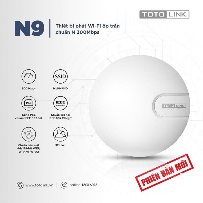 Bộ phát wifi ốp trần Totolink N9 - V2 Wireless N300Mbps chính hãng