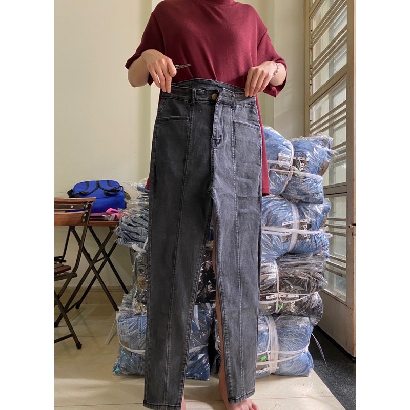 [Size 32-36] Quần Jean Ôm Bigsize / Quần Skinny Jeans Lưng Cao Trên Rốn, Co Giãn Mạnh - Quần Bò Cạp Cao Thân Nối Xám