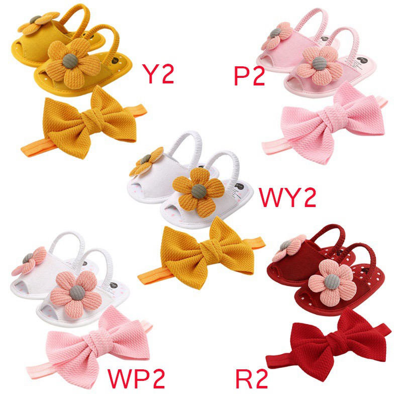 Giày sandal họa tiết hoa chống trượt thoáng khí + băng đô thời trang hè cho bé gái 0-18 tháng