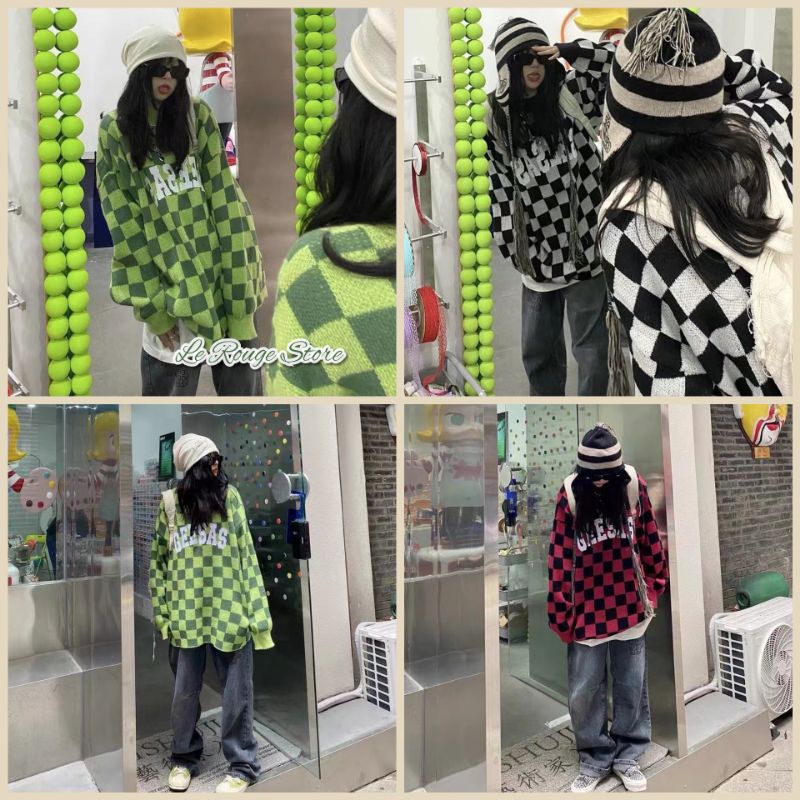 Áo len nữ ulzzang họa tiết kẻ caro bàn cờ hot trend kiểu Hàn Quốc có size hot Douyin Tik Tok