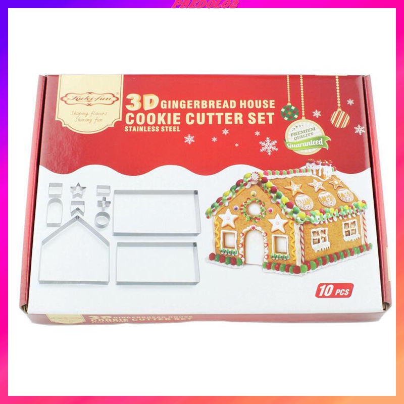 Bộ 10 Khuôn Cắt Bánh Quy 3D Bằng Thép Không Gỉ Hình Ngôi Nhà Gừng Giáng Sinh