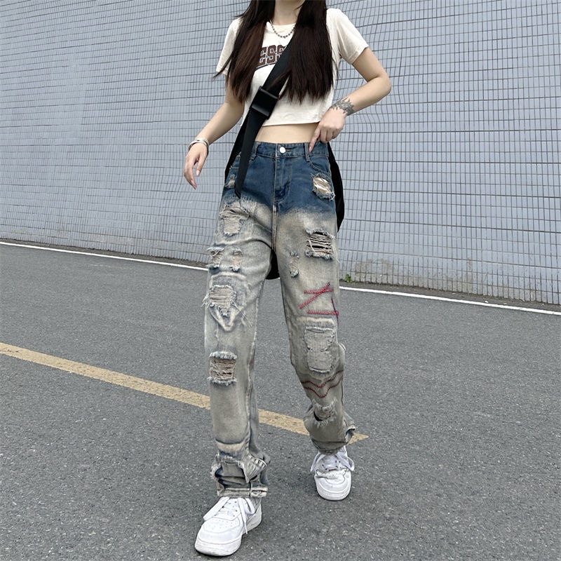 European and American high street patchwork torn jeans new fashion brand design sense small crowd pants fried Street pants for men and women