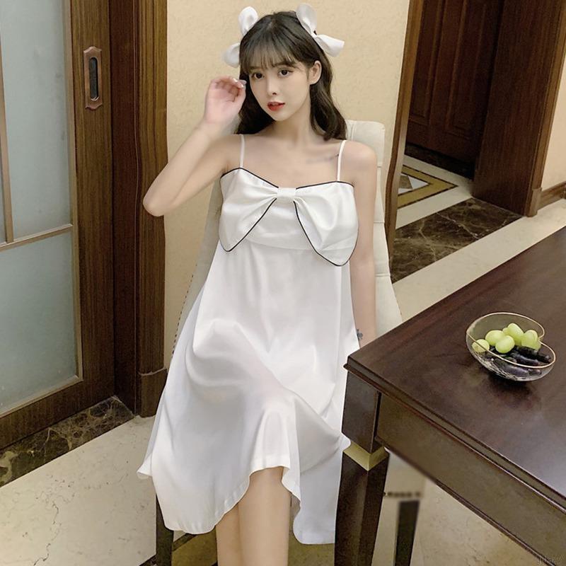 Đầm ngủ hai dây mỏng đính nơ thoải mái thời trang mùa hè Hàn Quốc