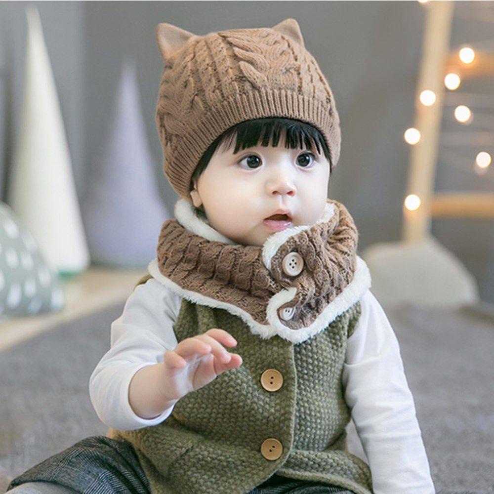 Set 1 Mũ Len Kèm Khăn Choàng Cổ Màu Trơn Giữ Ấm Mùa Đông Cho Bé