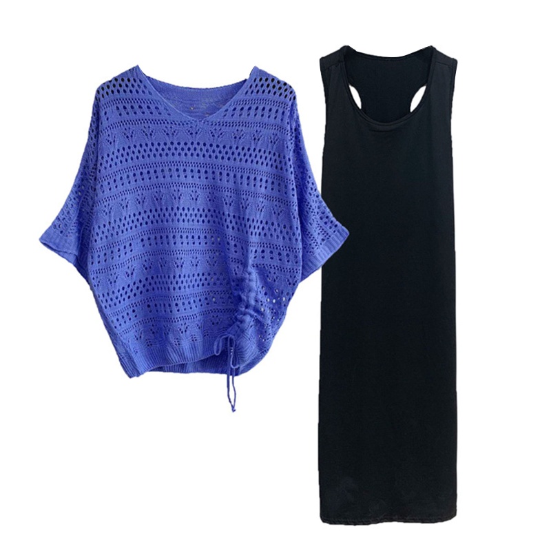 Bộ Áo Sơ Mi Dệt Kim Dáng Dài + Đầm Hai Dây Màu Trơn Thời Trang Mùa Hè Hàn Quốc Cho Nữ