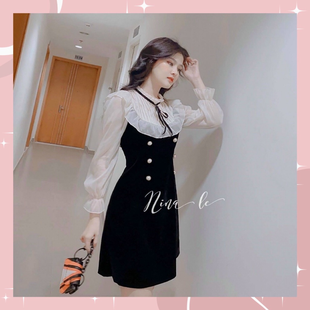 VÁY ĐẦM CÔNG SỞ MÀU ĐEN PHỐI TAY TRẮNG LINH NA SHOP