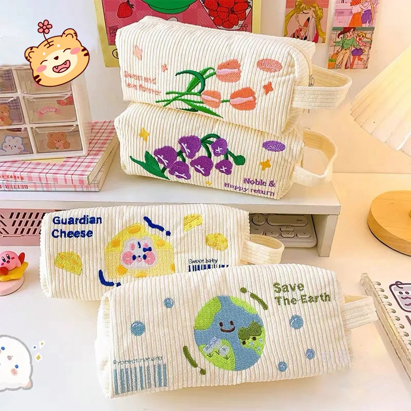 Túi Đựng Bút Chì / Mỹ Phẩm Thêu Họa Tiết Dễ Thương Sức Chứa Lớn Tiện Dụng Cho Học Sinh