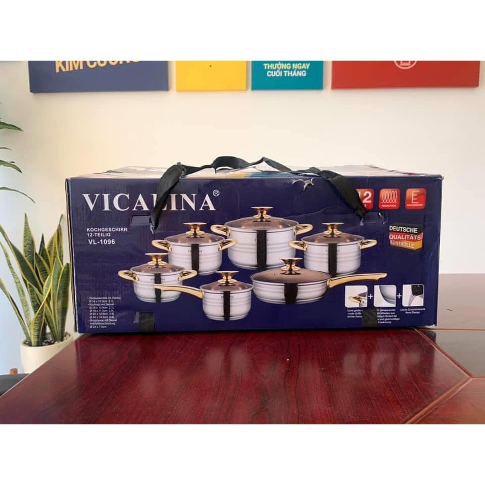 Bộ Xoong Nồi 6 Chiếc Vung Kính VICALINA Nhập Khẩu Từ Đức Inox 304 Tráng Men Vàng Cao Cấp Sang Trọng{SIEUGIAMGIA}