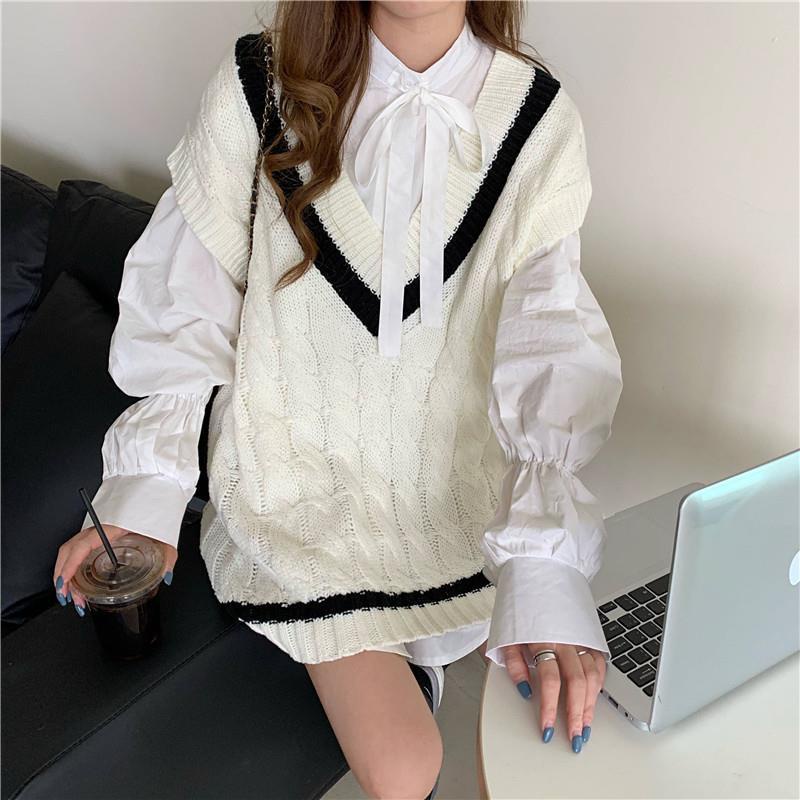 Bộ áo sơ mi thắt nơ + áo len không tay phong cách Hàn Quốc 2022