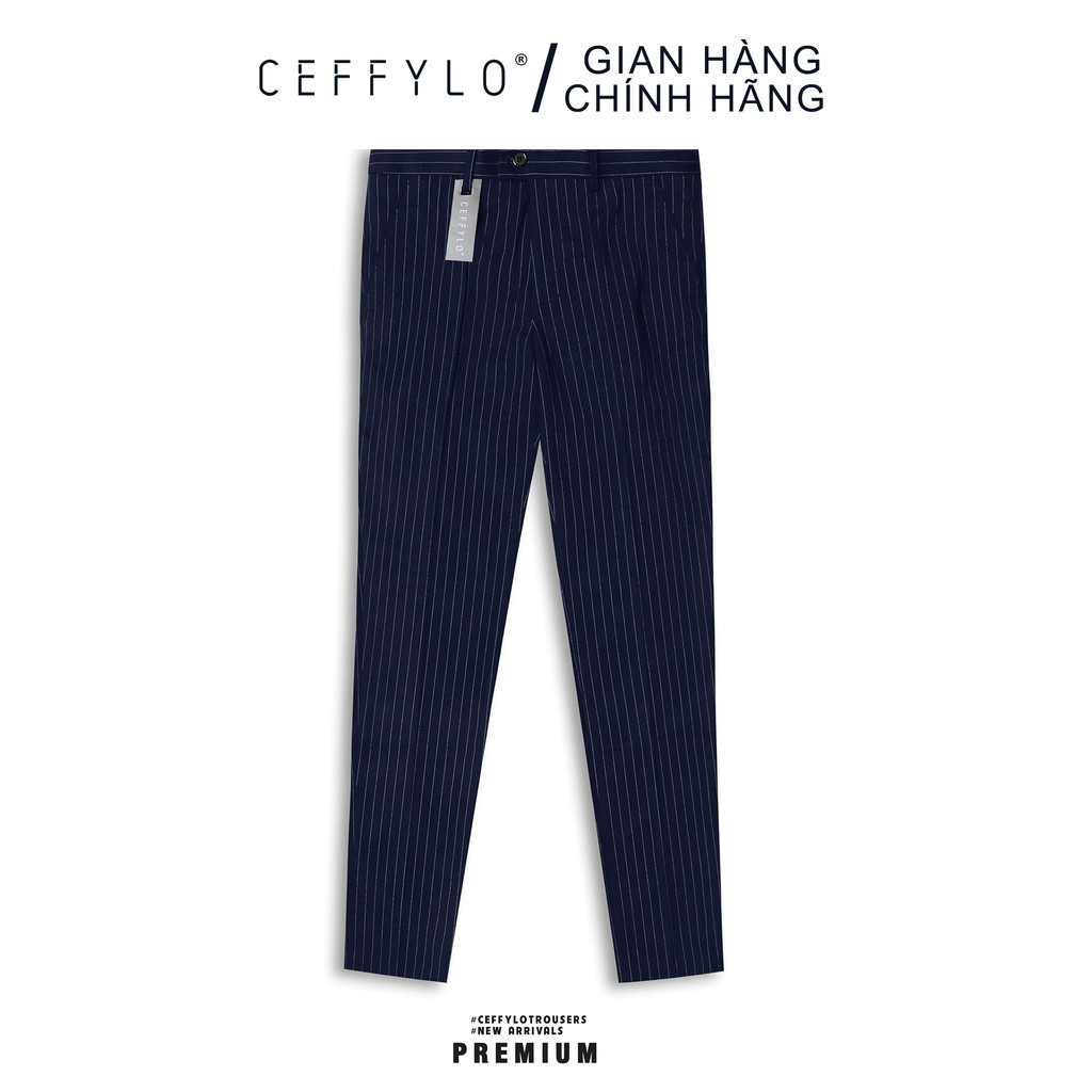 Quần âu Nam kẻ sọc Xanh Navy dáng ôm Công Sở CEFFYLO Chất Liệu Cotton Cao Cấp