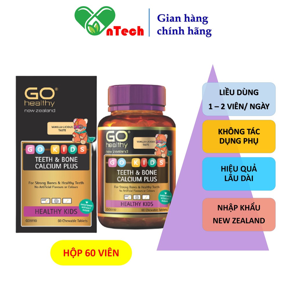 Viên uống bổ sung Canxi hữu cơ vitamin D3 và vitamin K2 cho trẻ phát triển chiều cao Go Healthy GO KIDS hộp 60 viên