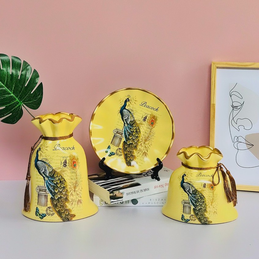Bộ Lọ Decor 3 Món Bình Hút Lộc Trang Trí Tặng Kèm Kệ Đĩa Dây Buộc