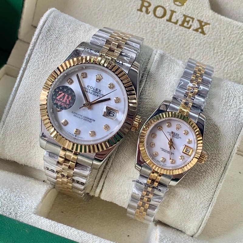 Đồng hồ nam Rolex- đồng hồ cơ Automatic Rolex classic mặt trắng viền đá dây demi 2 lịch