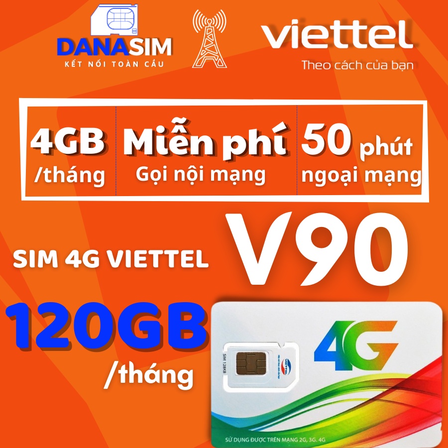 SIM VIETTEL 4G V120 DATA 4G/NGÀY 120GB/THÁNG MIỄN PHÍ THÁNG ĐẦU - Free gọi nội mạng viettel - Free 50 phút ngoại mạng