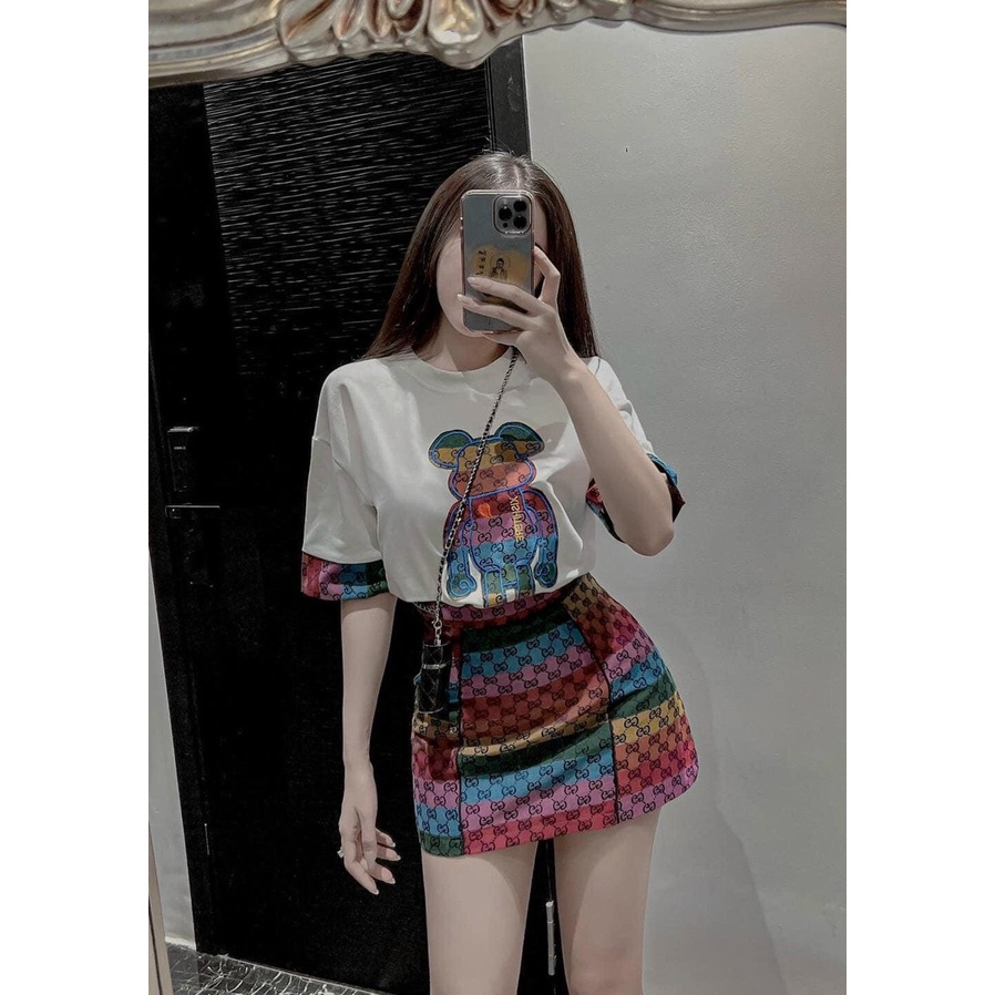 sét bộ váy cầu vồng phối áo thun thêu y hình hott