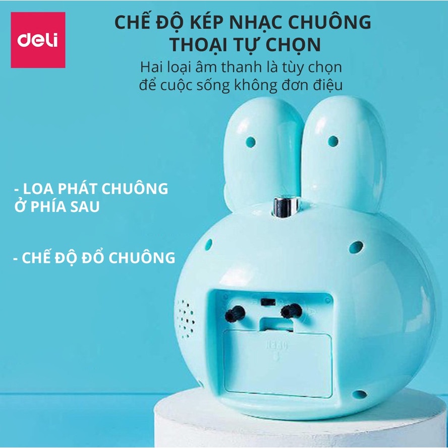 Đồng hồ báo thức để bàn hình con thỏ dễ thương Deli - tích hợp đèn ngủ, phong cách Hàn Quốc 8803 - vpp Diệp Lạc (sỉ/lẻ)