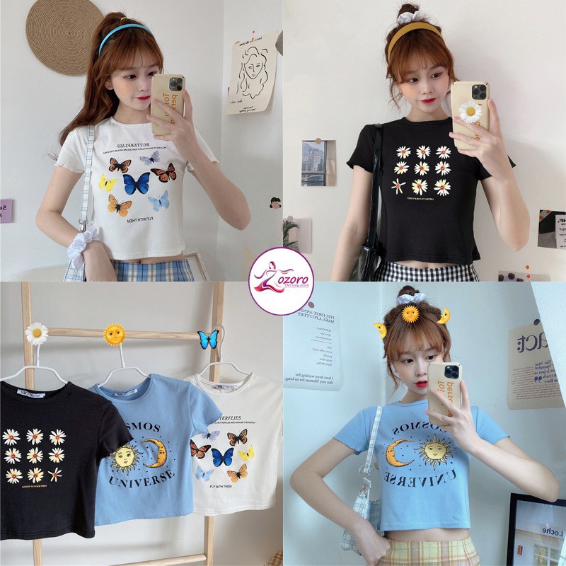 Áo croptop nữ ngắn tay ZOZORO ôm form in hình hồ điệp chất vải đẹp thoáng mát - AT10