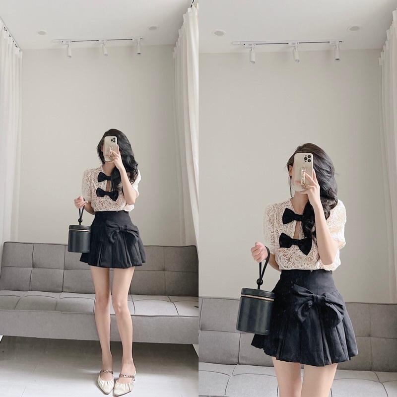 Set áo ren 2 nơ trước kèm chân váy nơ Samhyewear