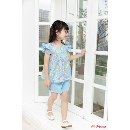 Bộ thô cho bé gái từ 8-21kg hoạ tiết hoa xanh mát