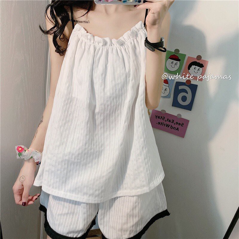 Set 2 Dây Trắng Đũi Nhăn + Quần Đùi Viền Đen  Bộ ngủ quần voan ống rộng, áo thun lụa mát mặc ở nhà bánh bèo Ulzzang
