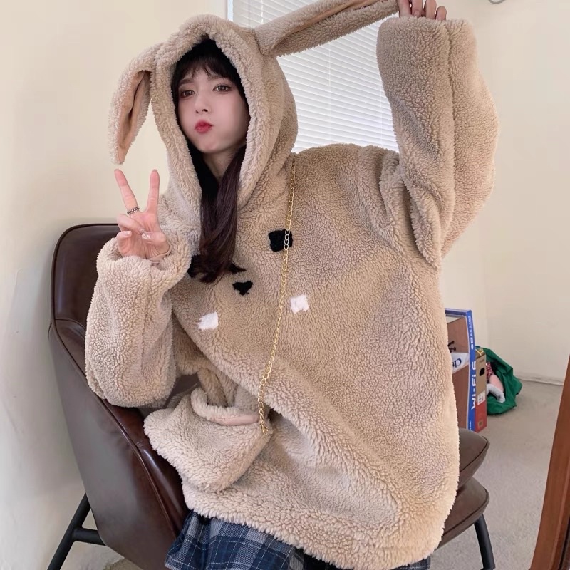 Áo hoodie lông unisex nam nữ  tai thỏ kèm túi màu be from rộng chất lông siêu ấm phong cách hàn quốc