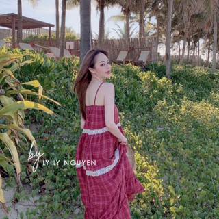 ĐẦM MAXI 2 DÂY CARO PHỐI REN TM