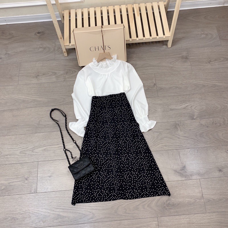 Set áo trắng cổ bèo mix chân váy bi dài (Có ảnh và video thật) | BigBuy360 - bigbuy360.vn