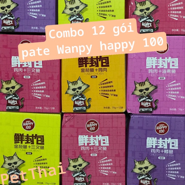 Hộp 12 gói pate cho mèo Wanpy happy 100