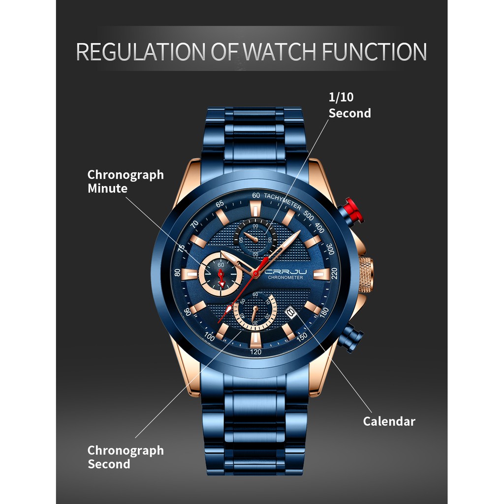 CRRJU Men's Watch Multifunctional Waterproof Stainless Steel Quartz Fashion Business 2282