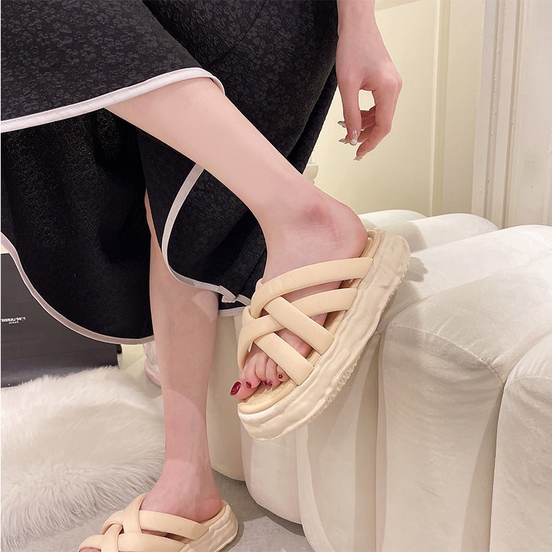 Oeggeo shop Dép Đế Dày Quai Chéo Màu Xanh Lá Cây Cho Nữ