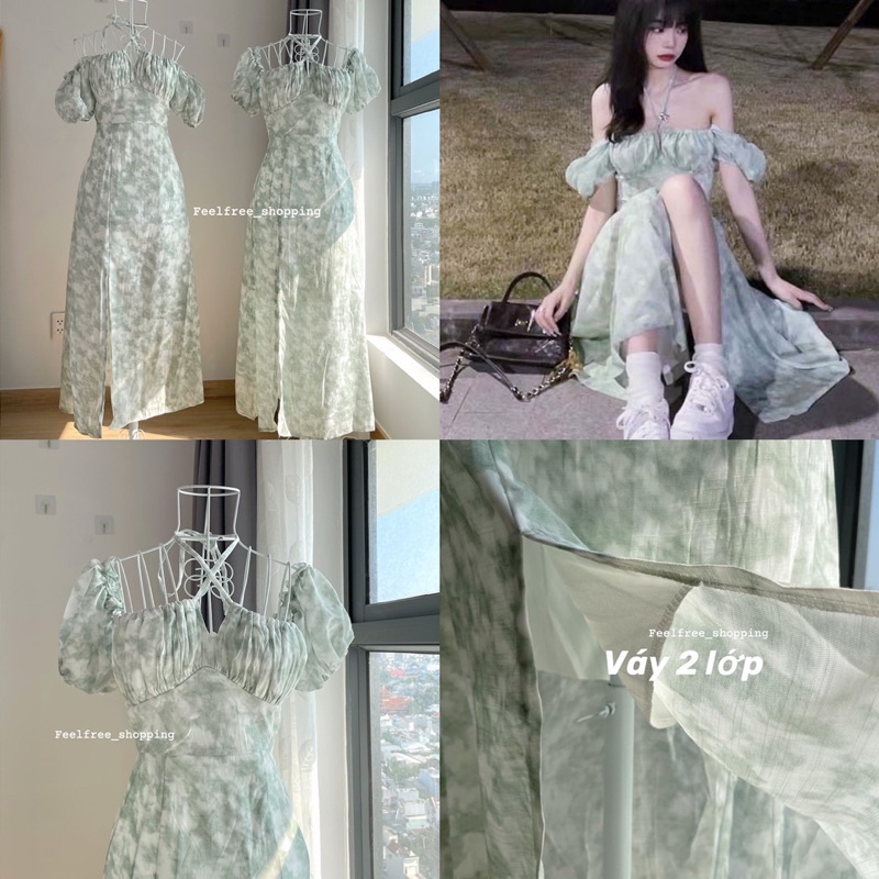 Đầm Xanh Hoa Cúp Ngự Xẻ Tà Trễ Vai Mặc Đi Tiệc Đi Chơi (Hình Thật) D017