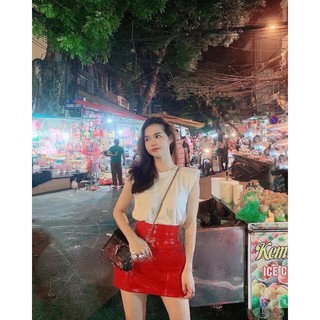 Chân váy da bóng cạp cao