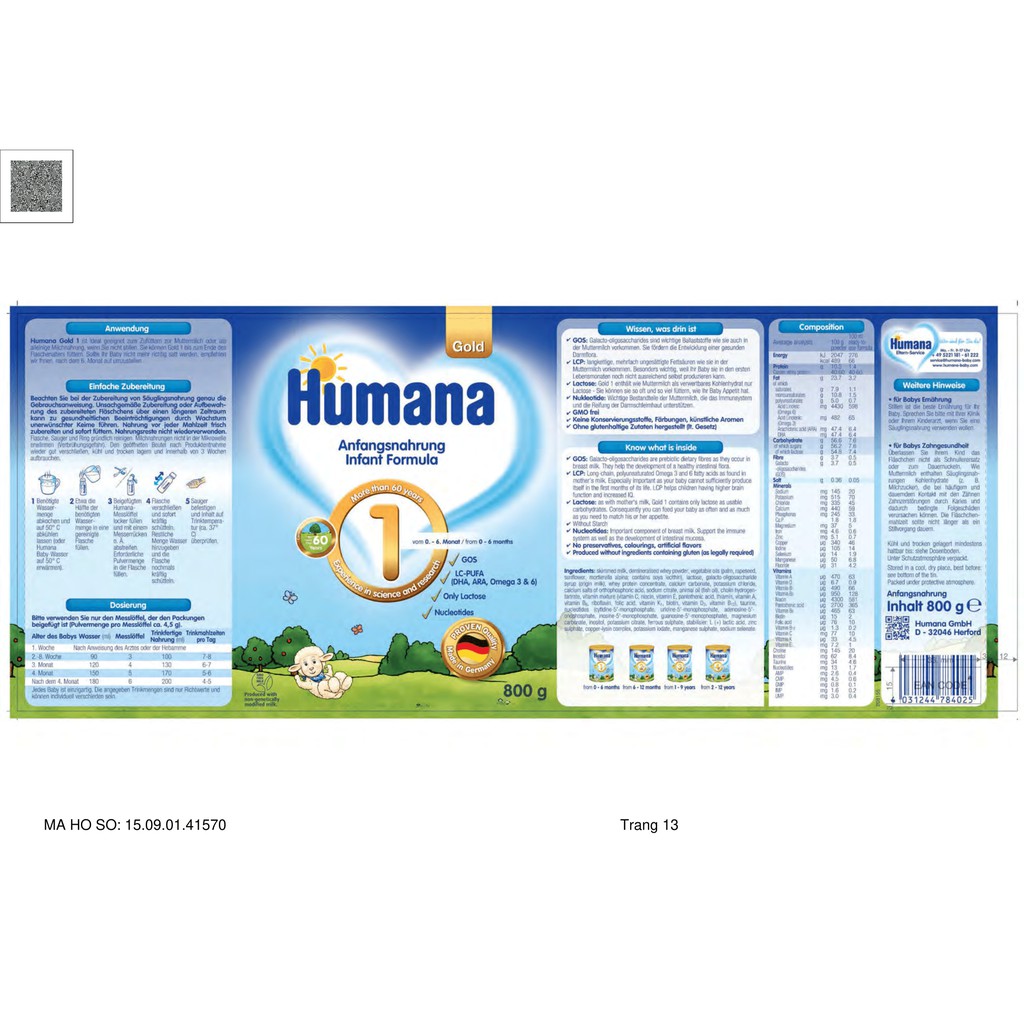 Sữa Humana Gold 1 - xuất xứ Đức- loại 800gr date  2022