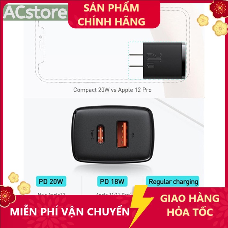 Củ sạc nhanh 20w cho   samsung xiaomi oppo đầu sạc typec và usb qc 3.0 thiết kế nhỏ gọn - Baseus 20w 2 Cổng ACstore