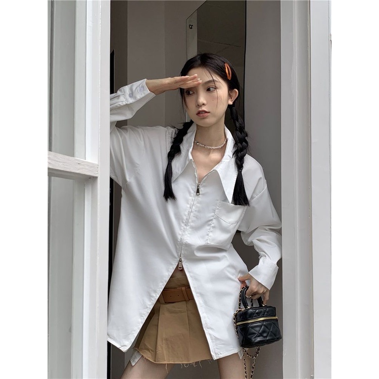 Áo Sơ Mi Tay Dài Dáng Rộng Có Khóa Kéo Kiểu Pháp Thời Trang Mùa Thu Cho Nữ