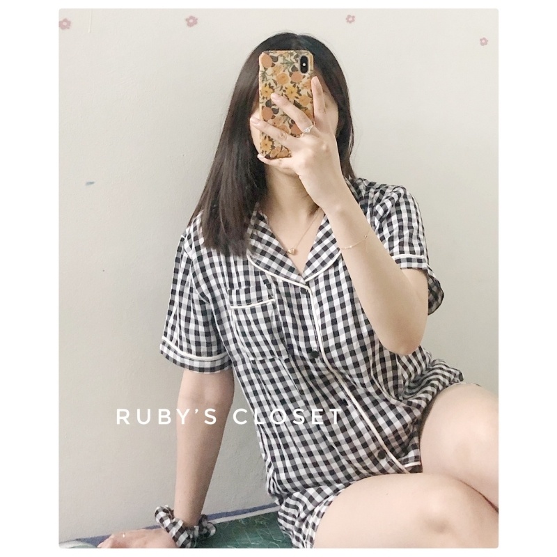 Bộ pijama nữ cộc tay kẻ nhiều màu, Đồ bộ nữ mặc nhà kèm chun buộc tóc