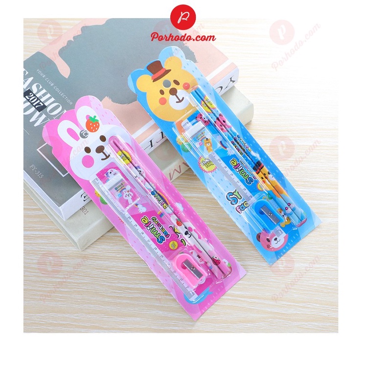 Set 5 dụng cụ học tập dễ thương dùng làm quà tặng cho bé gồm 2 bút chì+ thước + gôm + gọt chì VP2101208