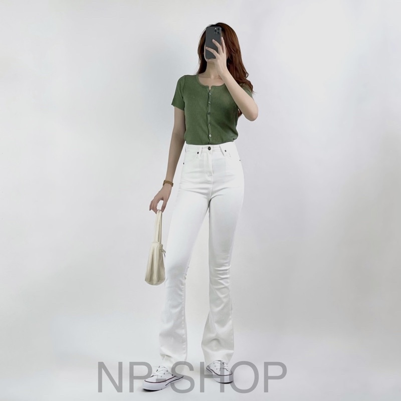 Quần jean ống loe lưng cao NPSHOP màu trắng trơn dài, quần bò nữ trắng cạp cao loe nhẹ JNIK007
