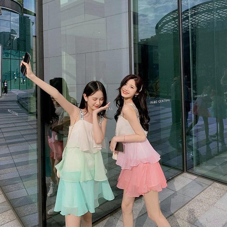 Đầm xếp tầng hai dây IELGY màu gradient phong cách Hàn Quốc thời trang mùa hè cho nữ