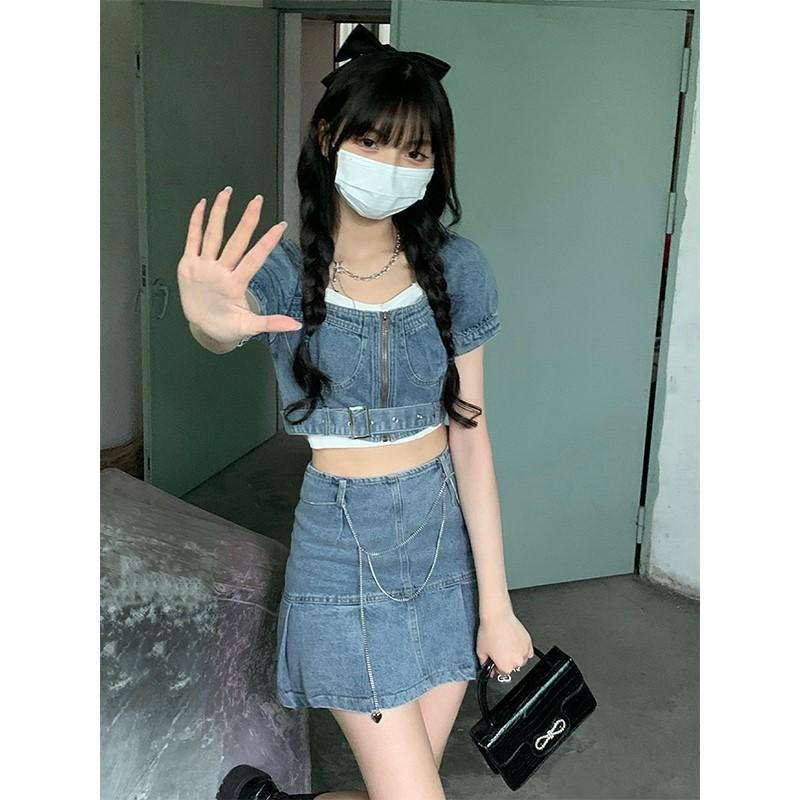 AMOI Bộ Áo Trễ Vai + Chân váy jean Lưng Cao Xếp Ly Thời Trang Cho Nữ