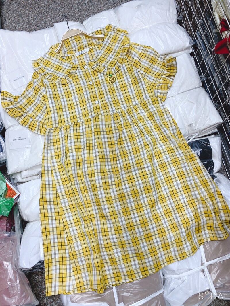 Váy kẻ thêu quả dứa cổ bẻ dáng babydoll fom rộng | BigBuy360 - bigbuy360.vn